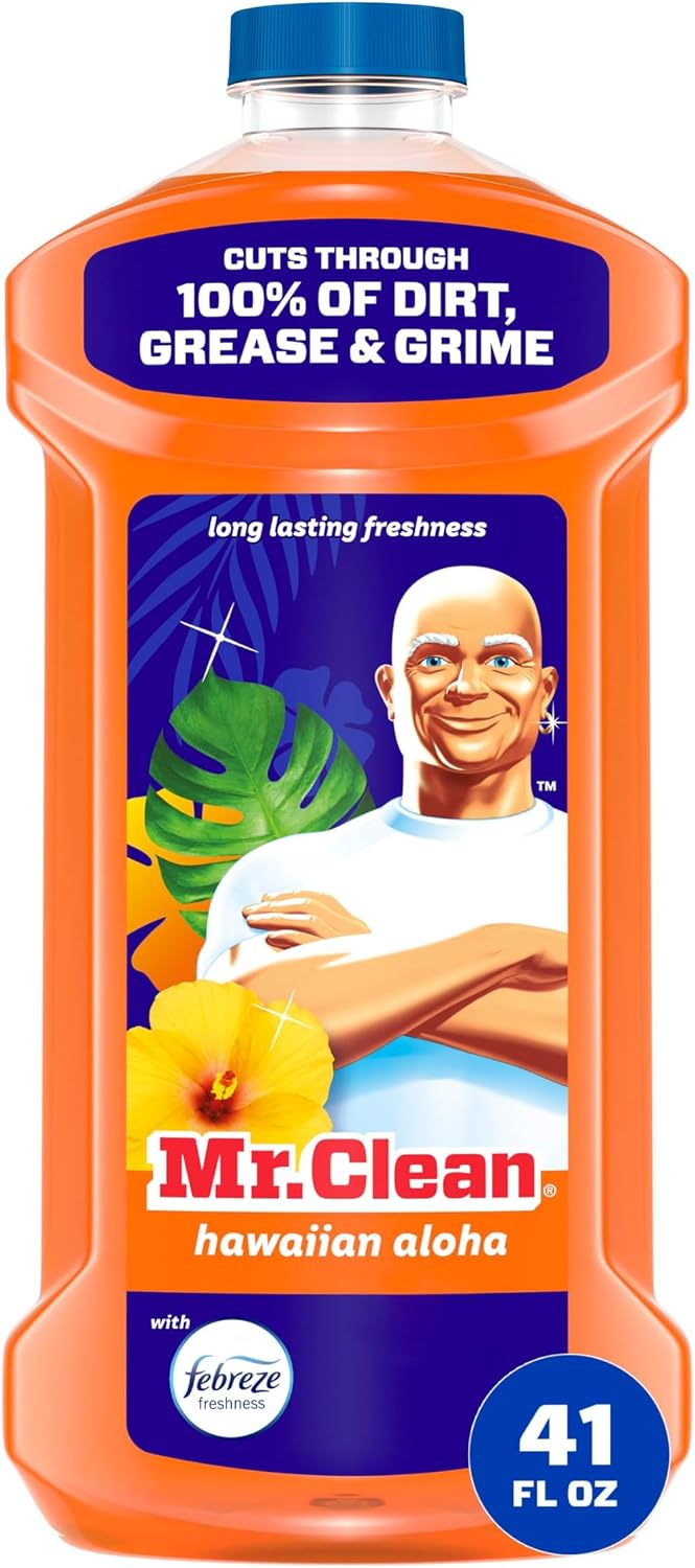 Mr. Clean All Purpose Cleaner, Mop Soap, Floor Cleaner for Mopping Home, Bathroom, & Kitchen, Cleaning Liquid for Mop & Bucket, Cleaning Supplies, Multi-Surface Dilutable, Hawaiian Aloha, 41oz
