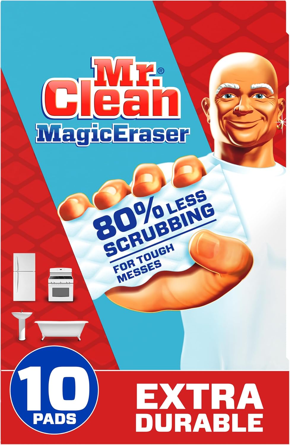 Mr. Clean Magic Eraser Sponge, All Purpose Cleaner, Cleaning Scrubber, Wall, Sneaker, Kitchen, Bathroom, Shower, Melamine Sponge, Pads, Extra Durable, 10ct