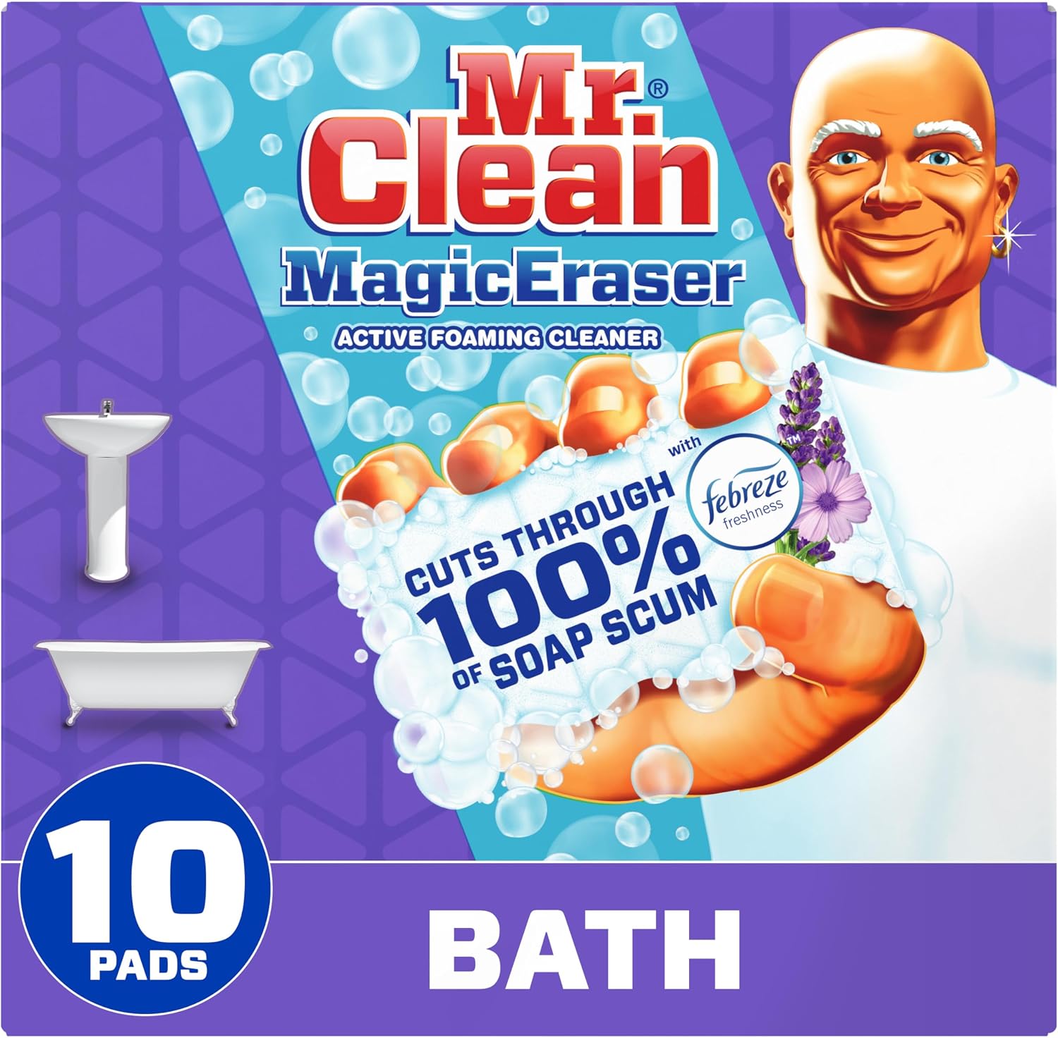 Mr. Clean Magic Eraser, Bathroom, Shower, and Shoe Cleaner with Febreze Lavender Scent, Cleaning Pads with Durafoam, 10 Count