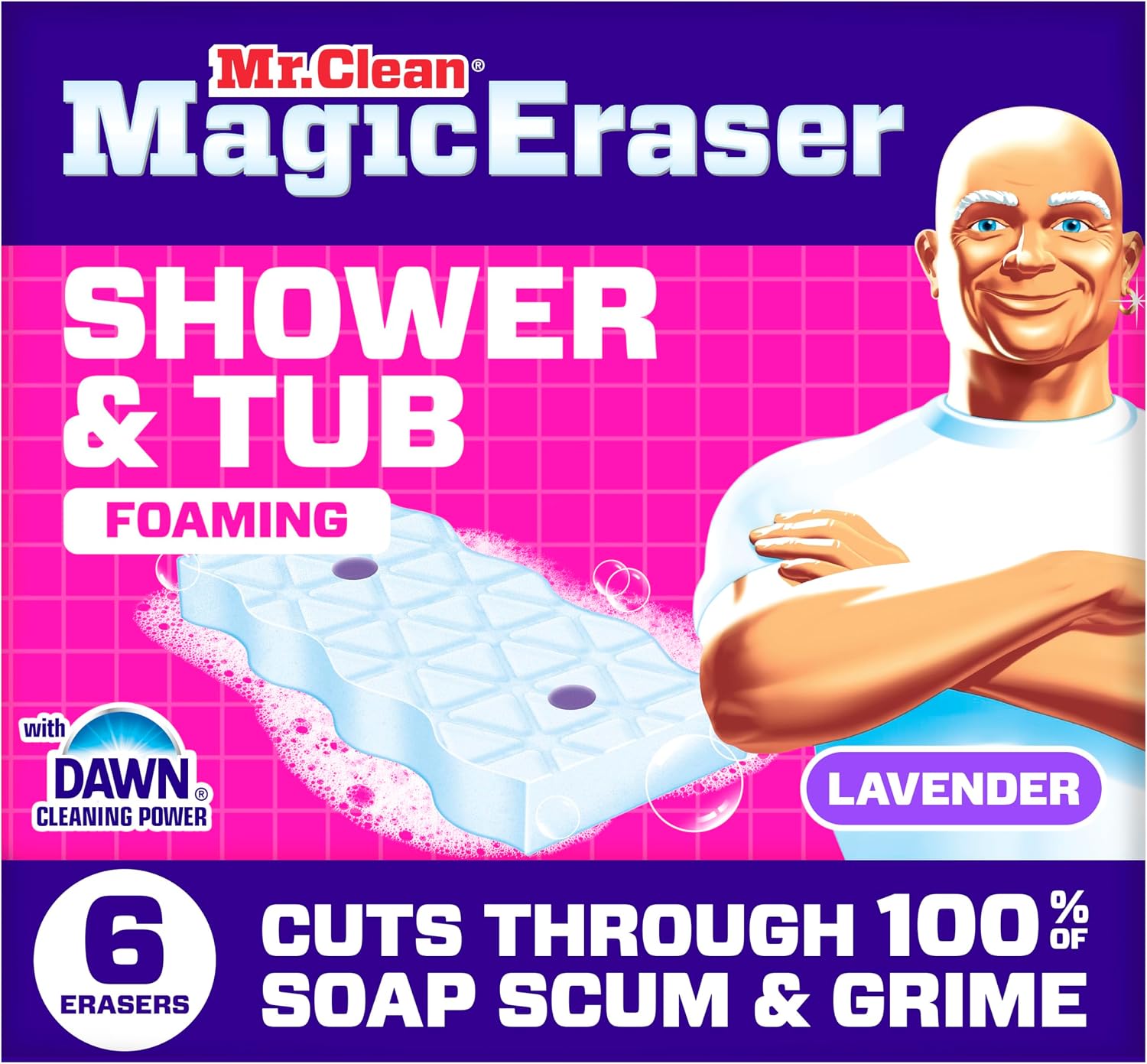 Mr. Clean Magic Eraser Sponge, Bathroom, Shower, Tub Cleaner, Soap Scum Remover, Bathroom Cleaning Supplies, Dawn Cleaning Power with Lavender Scent, Shower & Tub, 6ct