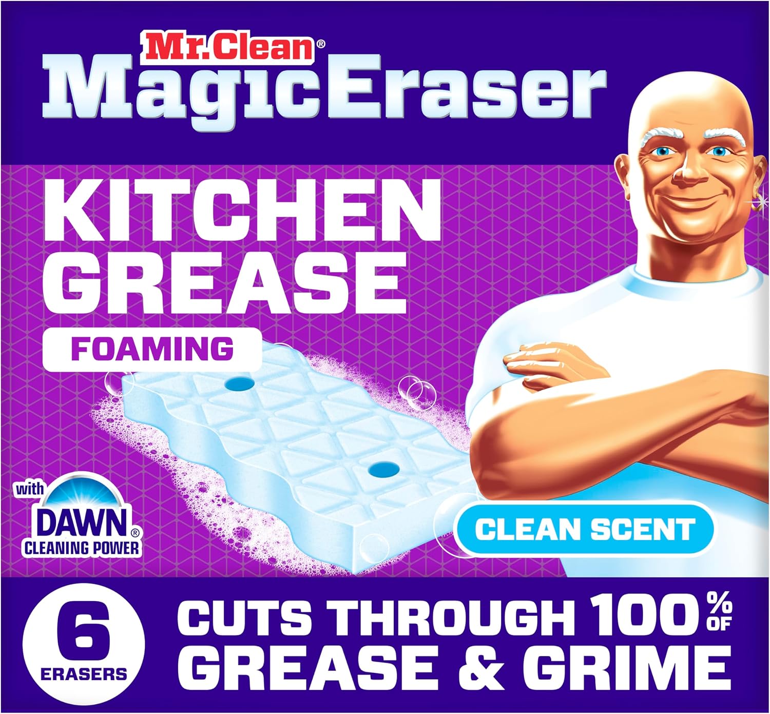 Mr. Clean Magic Eraser Foaming Sponge, Kitchen Grease Eraser, Dawn Cleaning Power, Oven Cleaner, Clean Scent, 6ct