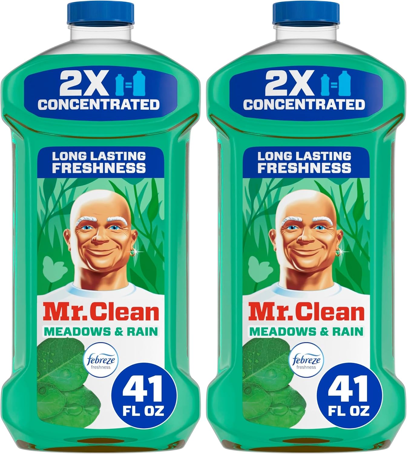 Mr. Clean All Purpose Cleaner, Floor Cleaner for Mopping Home, Bathroom, & Kitchen, Cleaning Liquid for Mop & Bucket, Cleaning Supplies, Multi-Surface Dilutable, Meadows & Rain, 41oz (Pack of 2)