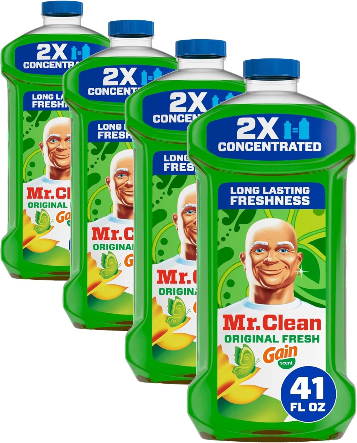 Mr. Clean All Purpose Cleaner, Floor Cleaner for Mopping Home, Bathroom, & Kitchen, Cleaning Liquid for Mop & Bucket, Cleaning Supplies, Multi-Surface Dilutable, Gain, 41oz (Pack of 4)